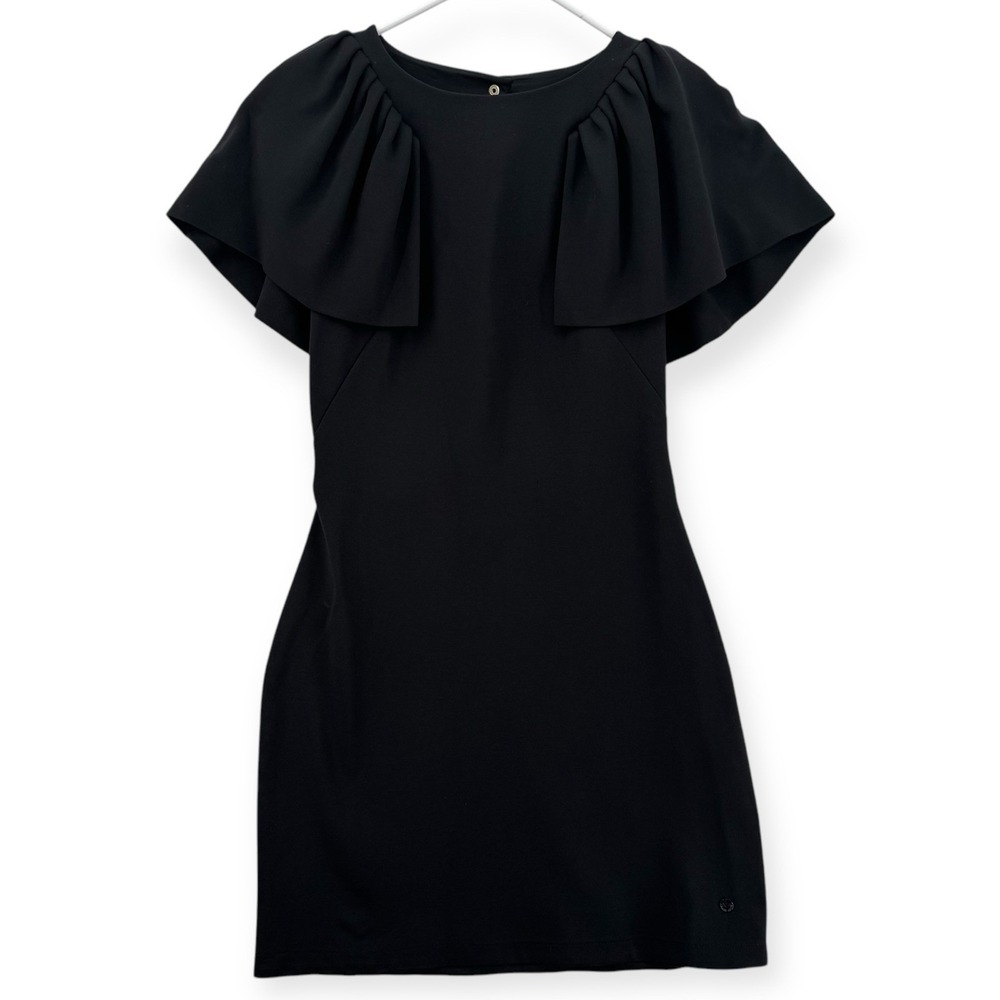 Armani Jeans Dress Womens 42 Black Ruffle‎ Cape Sleeve Fitted Keyhole Back NWT